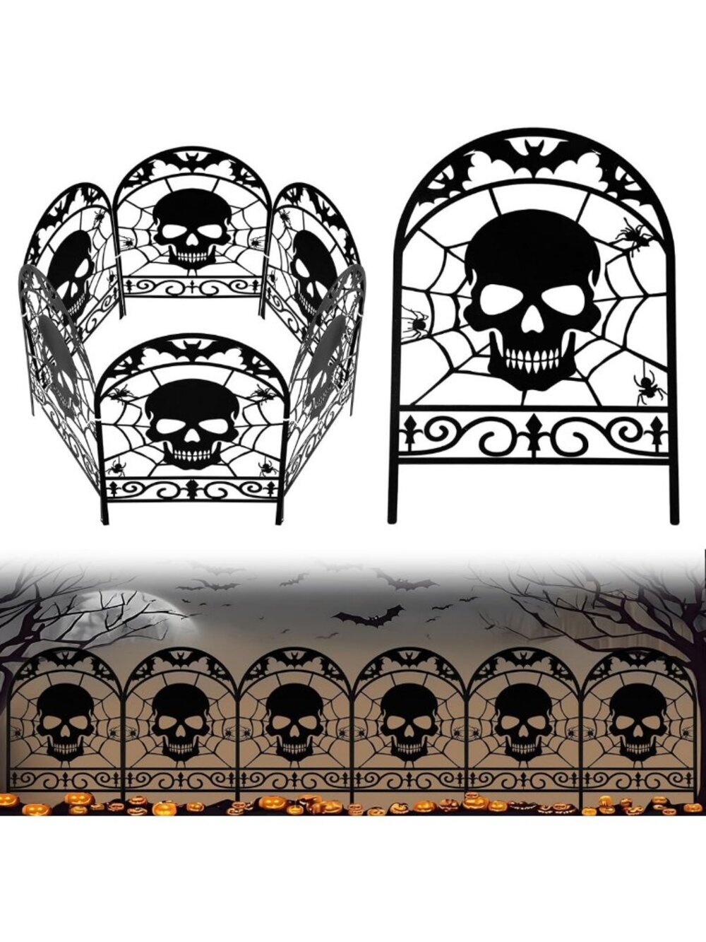 12 Pack Halloween Skull Fence Decor - 16.5" H Metal Outdoor Halloween Decor